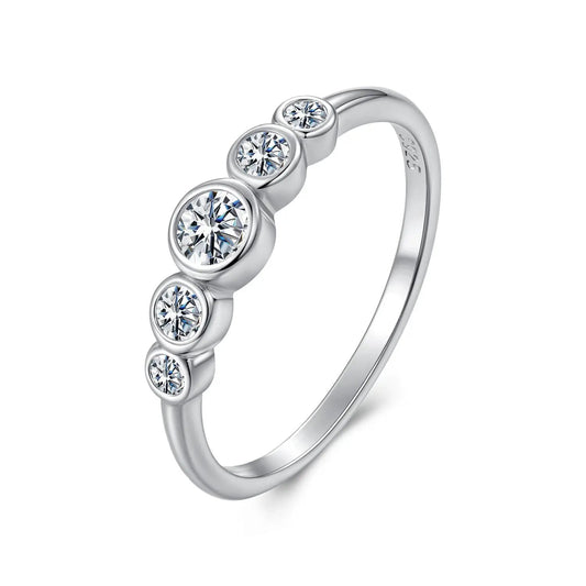 925 Sterling Silver Moissanite Ring with five bezel-set stones, size 6, plated white gold on Tampa Home & Garden Store