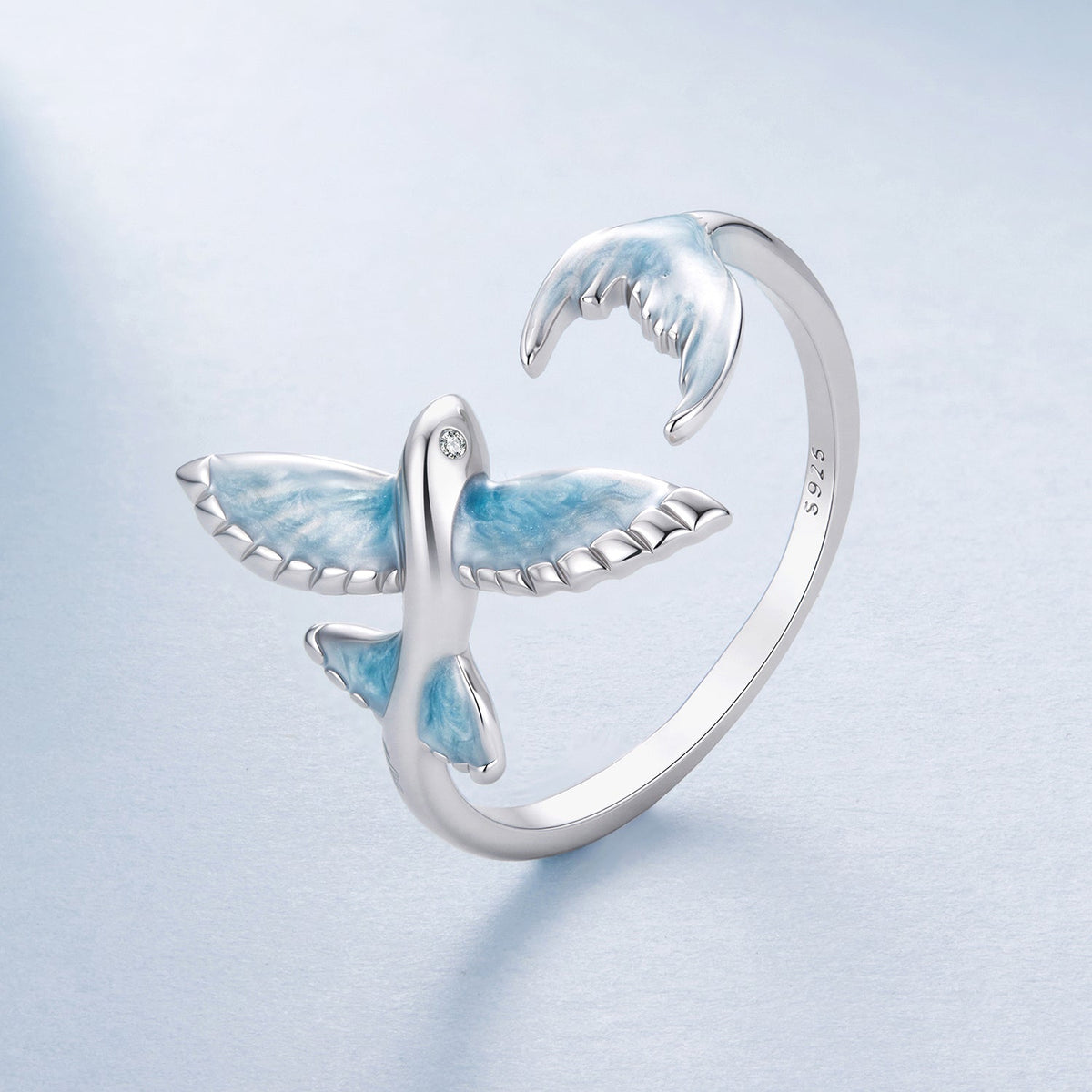 Ring S925 Sterling Silver white enamel blue-wing bird pavé CZ accents on Tampa Home & Garden Store