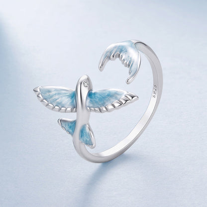 Ring S925 Sterling Silver white enamel blue-wing bird pavé CZ accents on Tampa Home & Garden Store