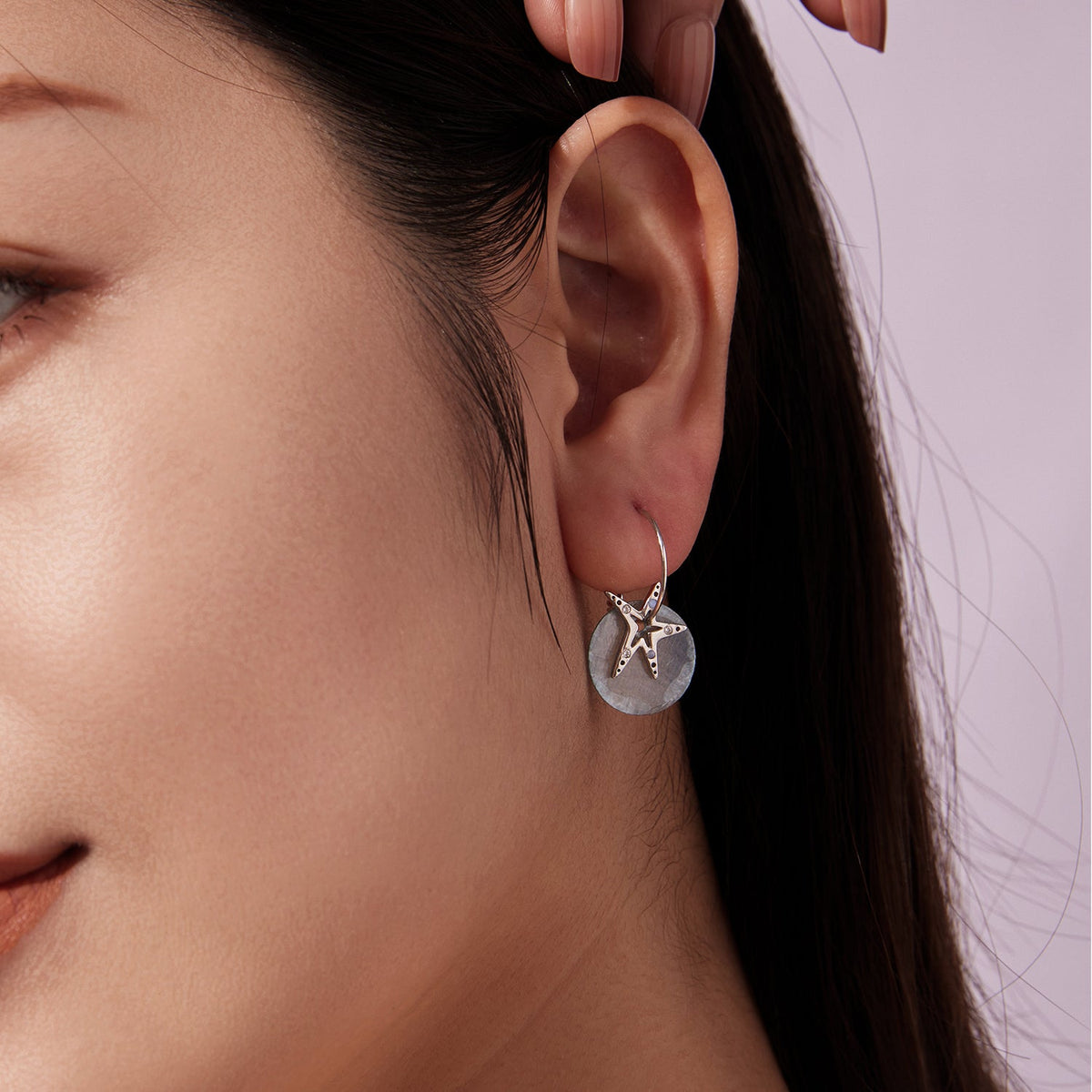 Sterling silver earrings: hoop with round disc pendant and starfish motif on Tampa Home & Garden Store