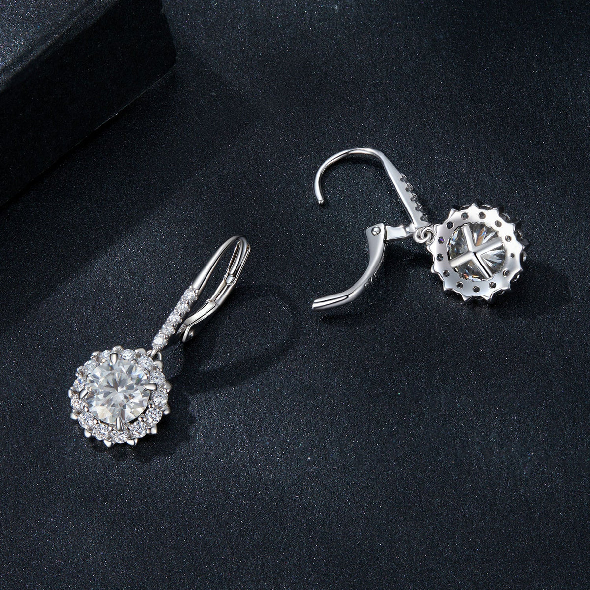 Pair of 925 sterling silver moissanite earrings with pavé white gold halo; one stud, one drop on Tampa Home & Garden Store
