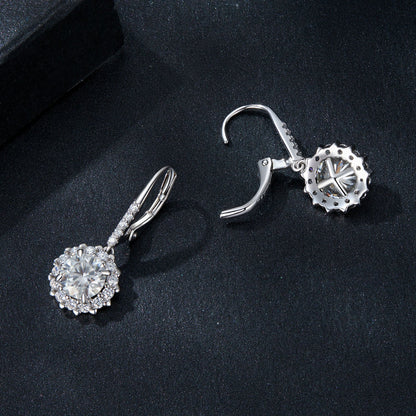 Pair of 925 sterling silver moissanite earrings with pavé white gold halo; one stud, one drop on Tampa Home & Garden Store