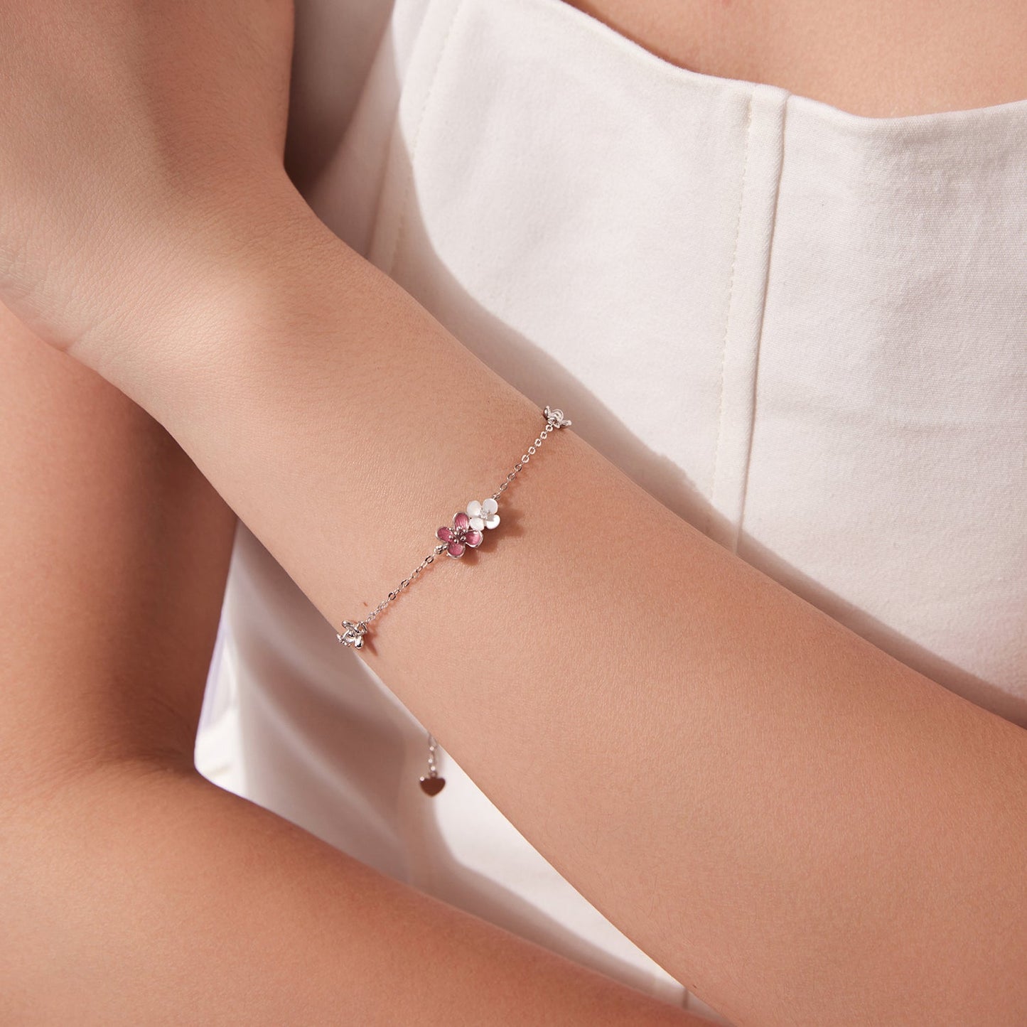 925 Sterling Silver Enamel Flower Charm Bracelet with pavé CZ pink flowers 15+6cm by Bids.com on Tampa Home & Garden Store
