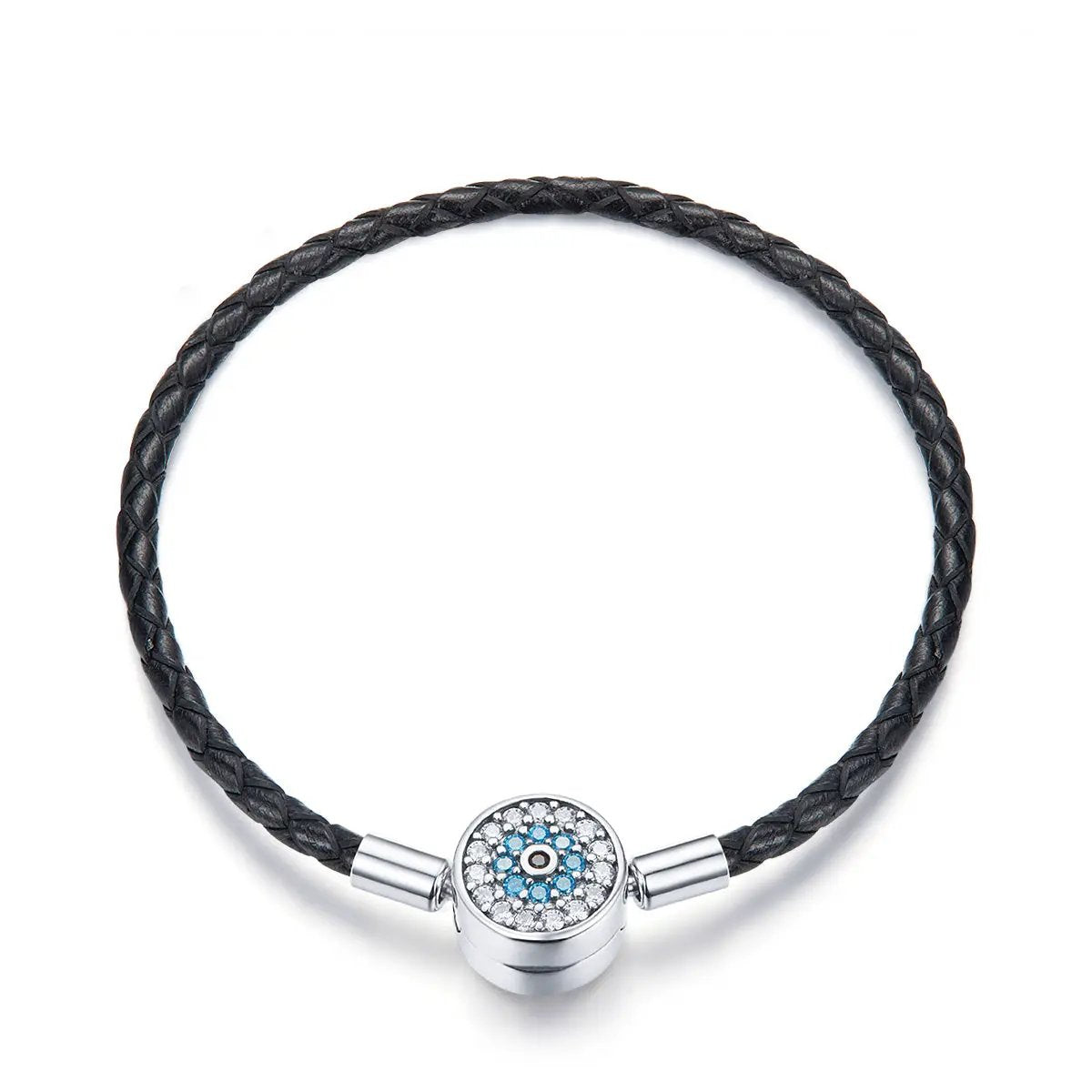 925 Sterling Silver Nan Style Bracelet with black braided leather and crystal round clasp 17.0 on Tampa Home & Garden Store