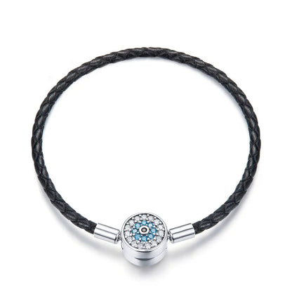 925 Sterling Silver Nan Style Bracelet with black braided leather and crystal round clasp 17.0 on Tampa Home & Garden Store