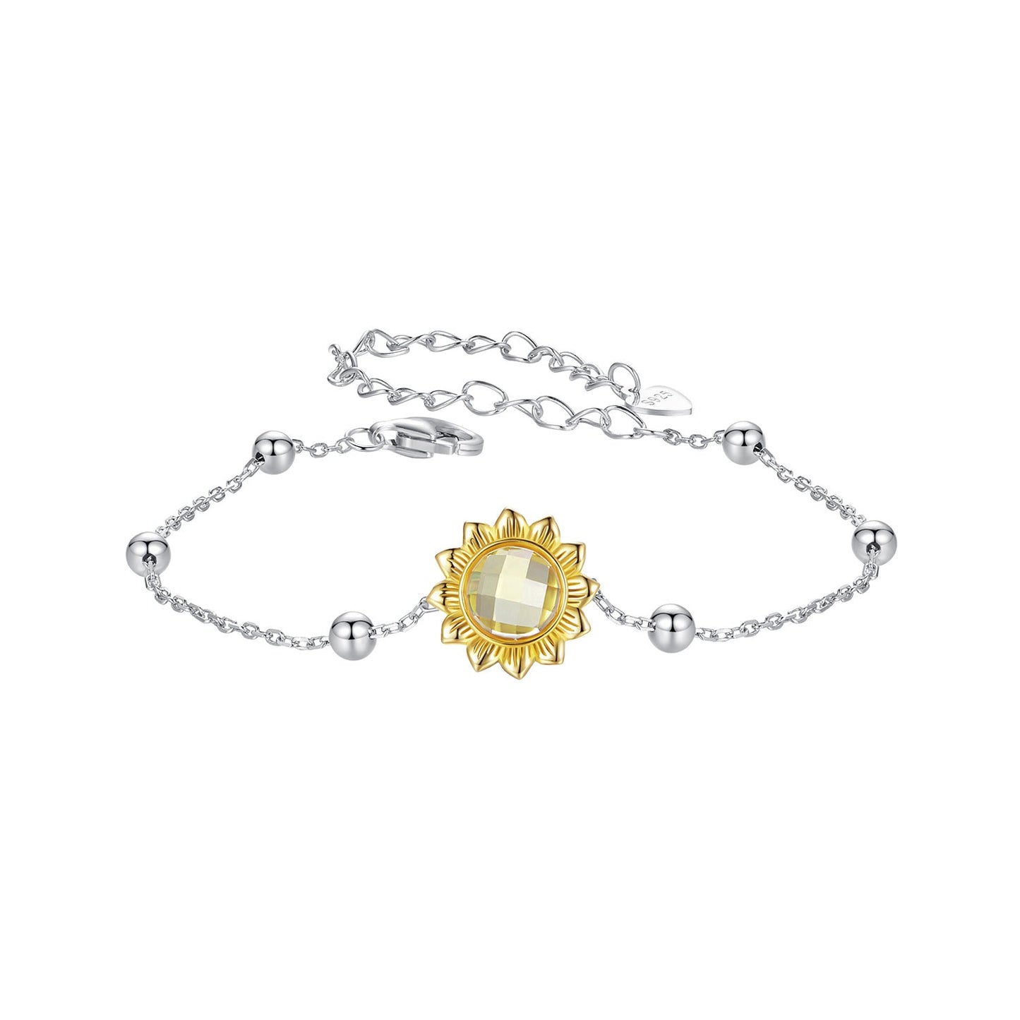 Bracelet sunflower charm with gold-plated petals and clear glass center, silver chain on Tampa Home & Garden Store