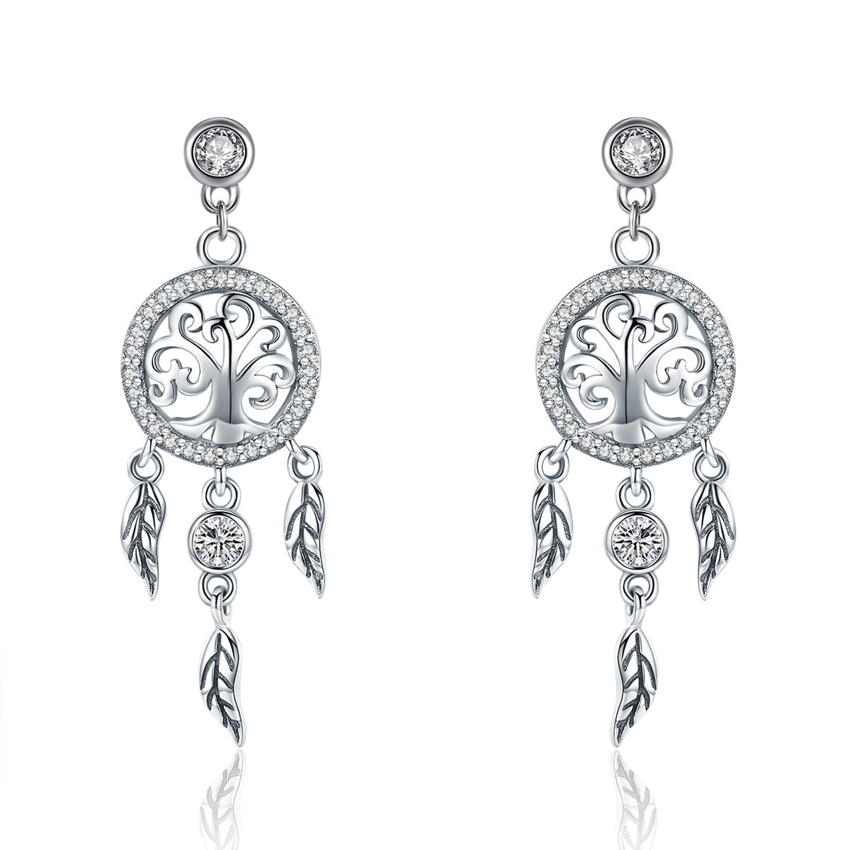 Earrings 925 sterling silver oxidized pave CZ tree of life circle with leaf drops pair on Tampa Home & Garden Store