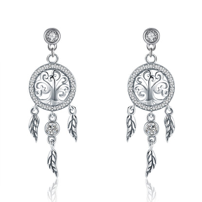 Earrings 925 sterling silver oxidized pave CZ tree of life circle with leaf drops pair on Tampa Home & Garden Store