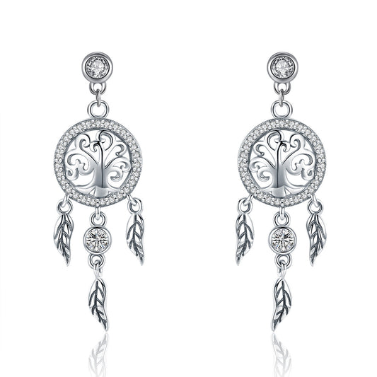 Earrings 925 sterling silver oxidized pave CZ tree of life circle with leaf drops pair on Tampa Home & Garden Store