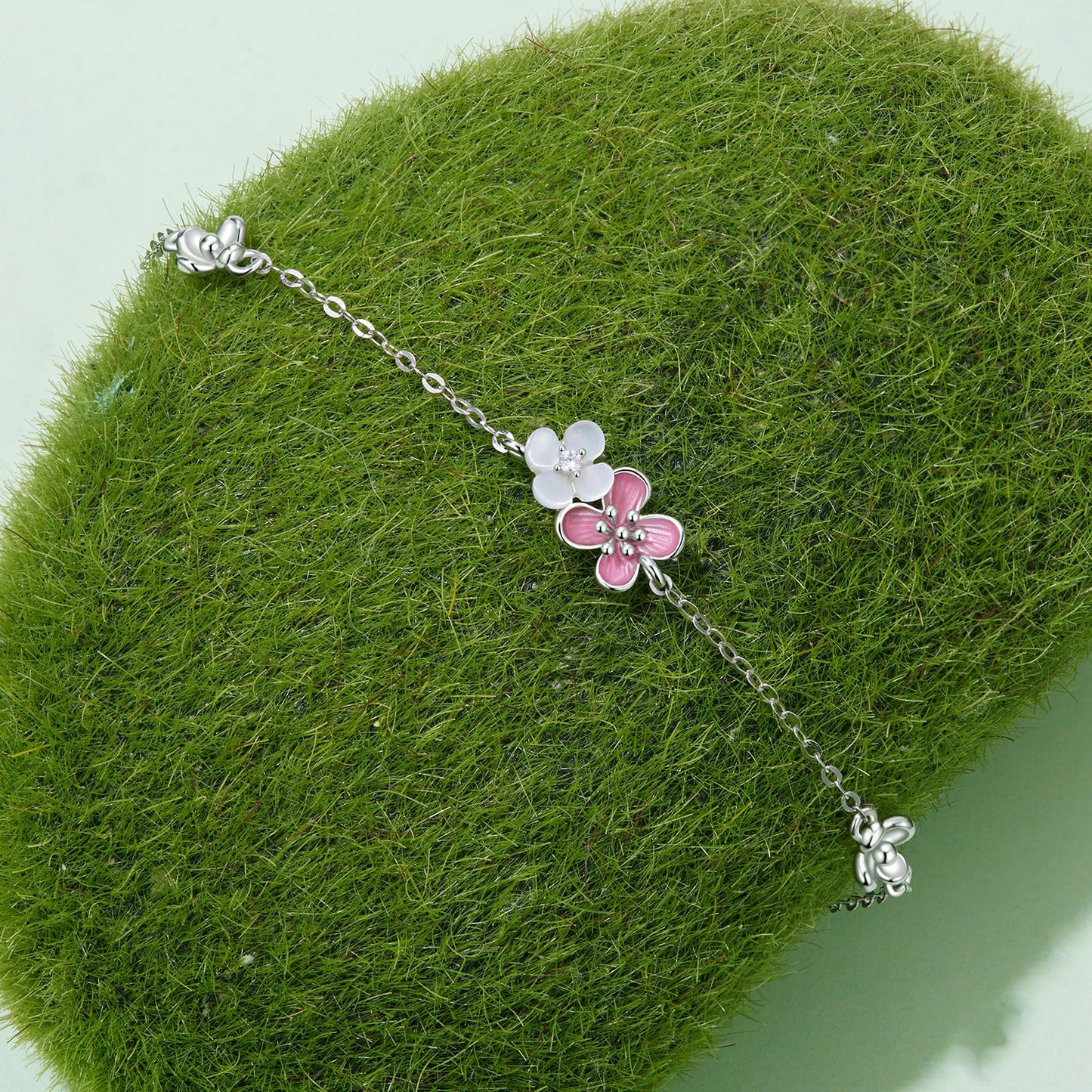 Bracelet 925 sterling silver enamel two flower charms pink pavé CZ 15+6cm Bids.com on Tampa Home & Garden Store