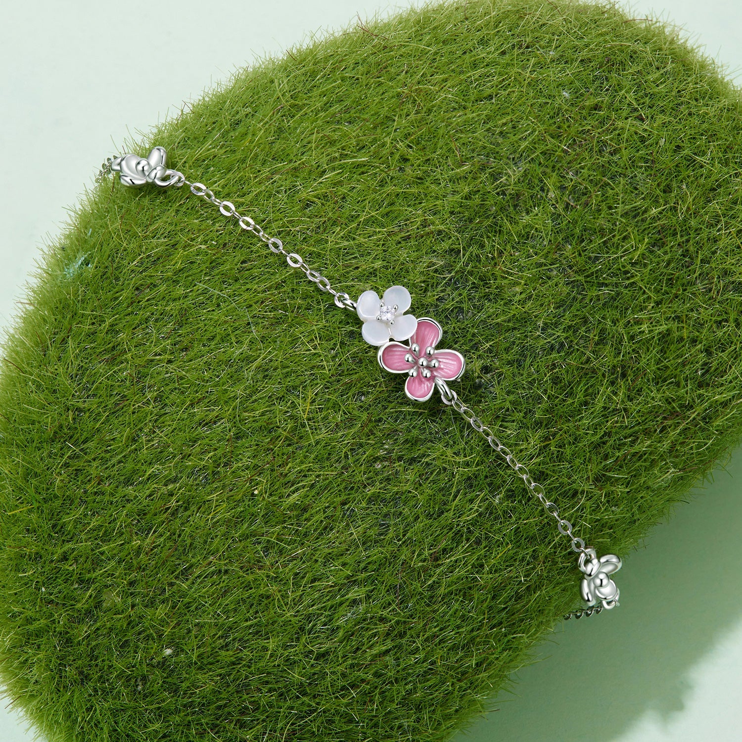 Bracelet 925 sterling silver enamel two flower charms pink pavé CZ 15+6cm Bids.com on Tampa Home & Garden Store