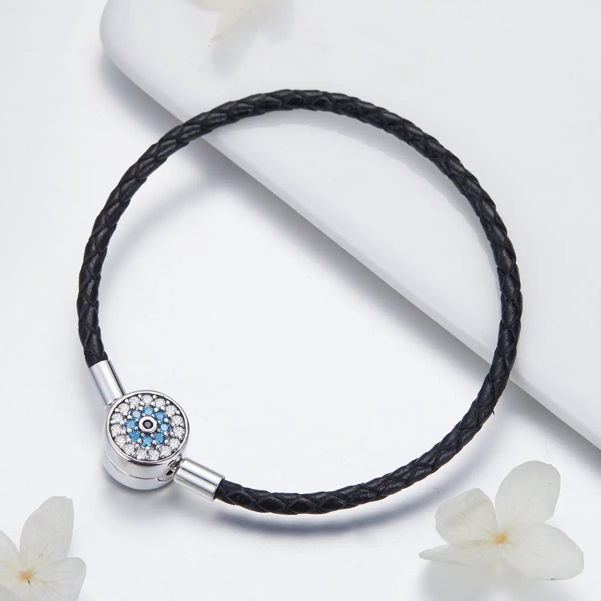 Bracelet 925 Silver Nan Style black braided leather with crystals by Bids.com 17.0 on Tampa Home & Garden Store