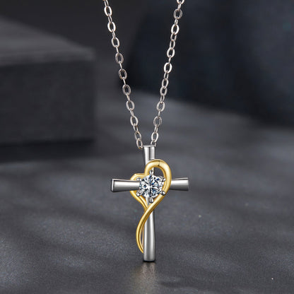 925 Sterling Silver Moissanite Necklace with gold heart cross pendant, 0.20ct, by Bids.com on Tampa Home & Garden Store