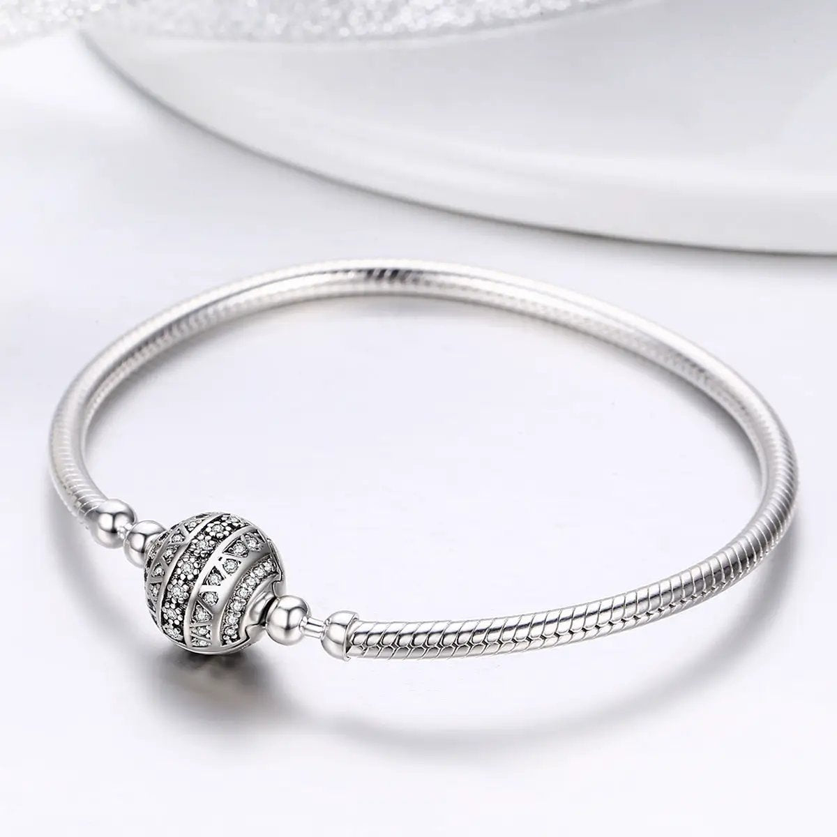 925 Sterling Silver SCB Bracelet Nan Size 17.0 for Women with pave sphere charm on Tampa Home & Garden Store