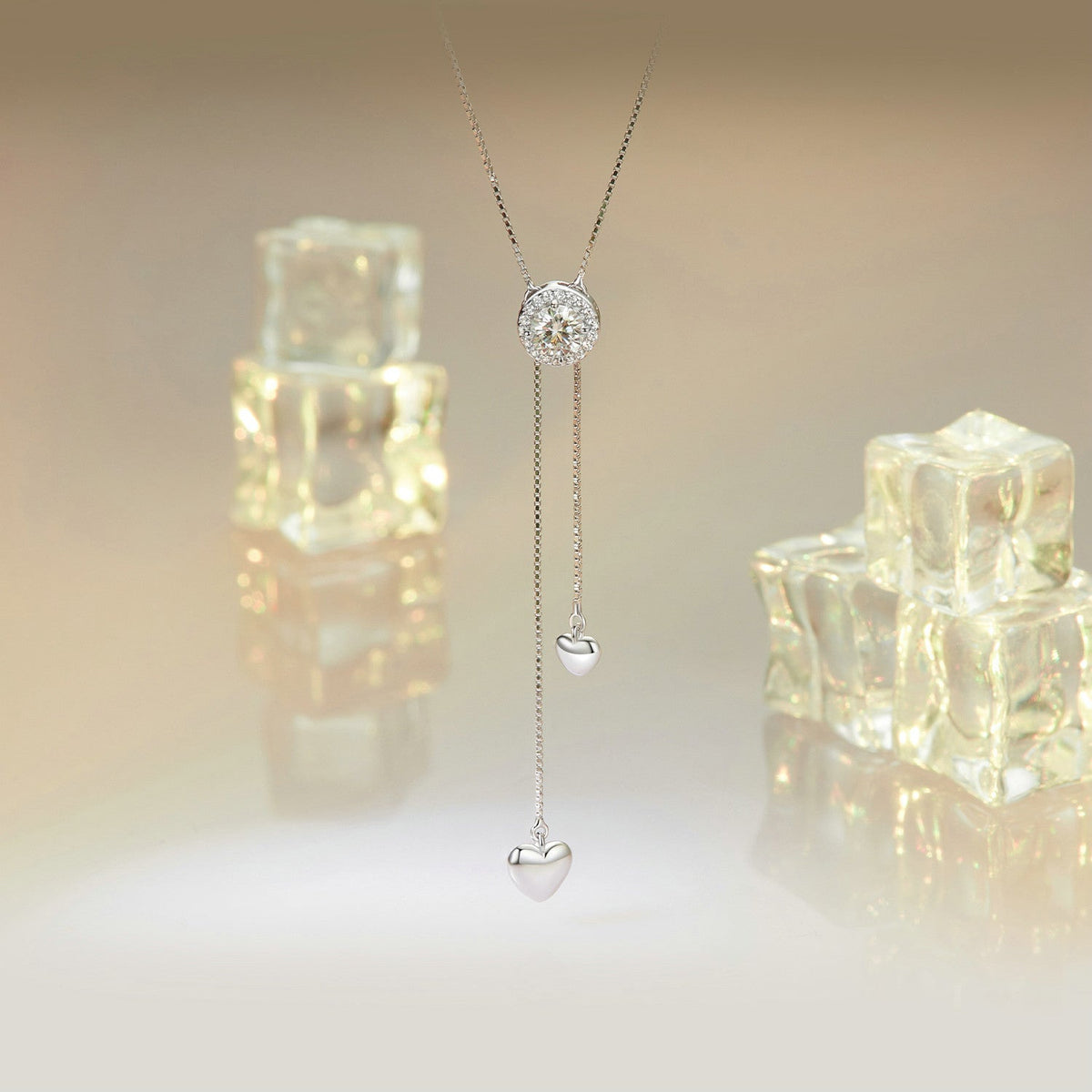Moissanite halo necklace in 925 silver with pavé setting and heart drops, 450mm for women on Tampa Home & Garden Store