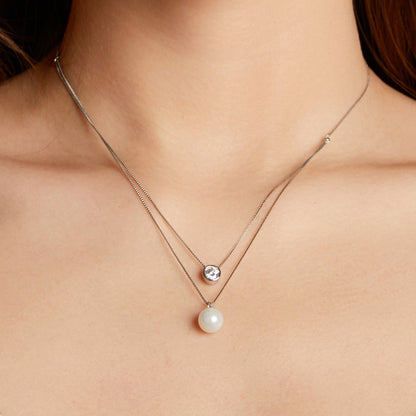 Sterling silver moissanite shell pearl layered necklace, white gold plated, two chains with pearl drop 40+5cm by Bids.com on Tampa Home & Garden Store