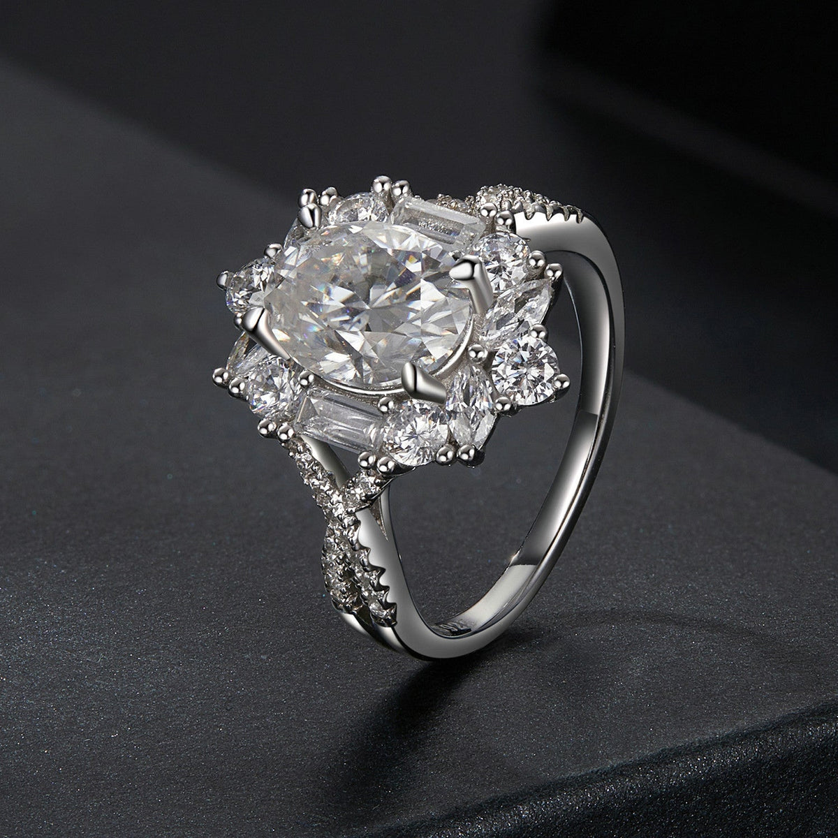 925 Sterling Silver Moissanite Ring with white gold plating, large center stone, halo, size 8 on Tampa Home & Garden Store