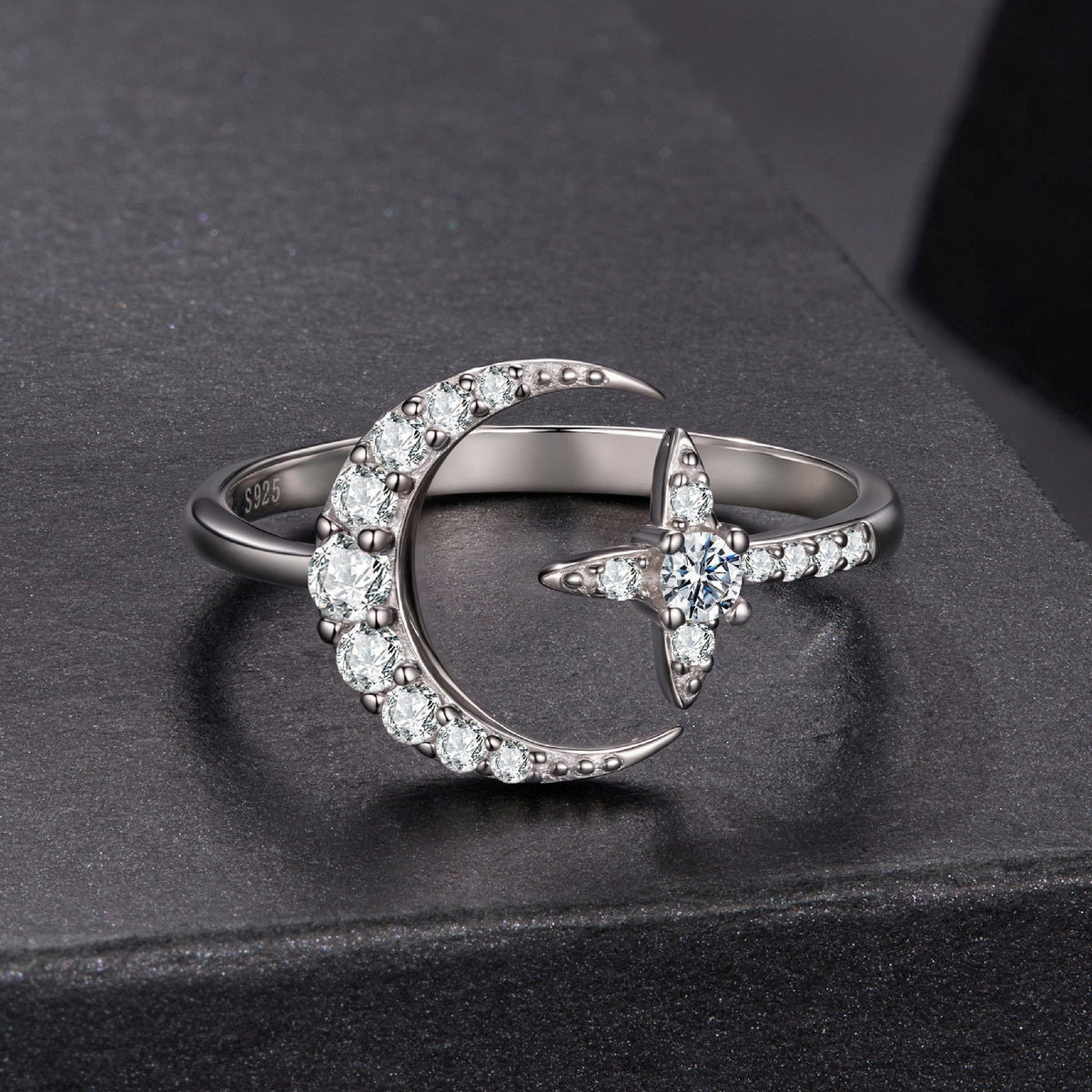 Sterling silver moissanite crescent ring set with pavé stones, white gold plated, size E on Tampa Home & Garden Store