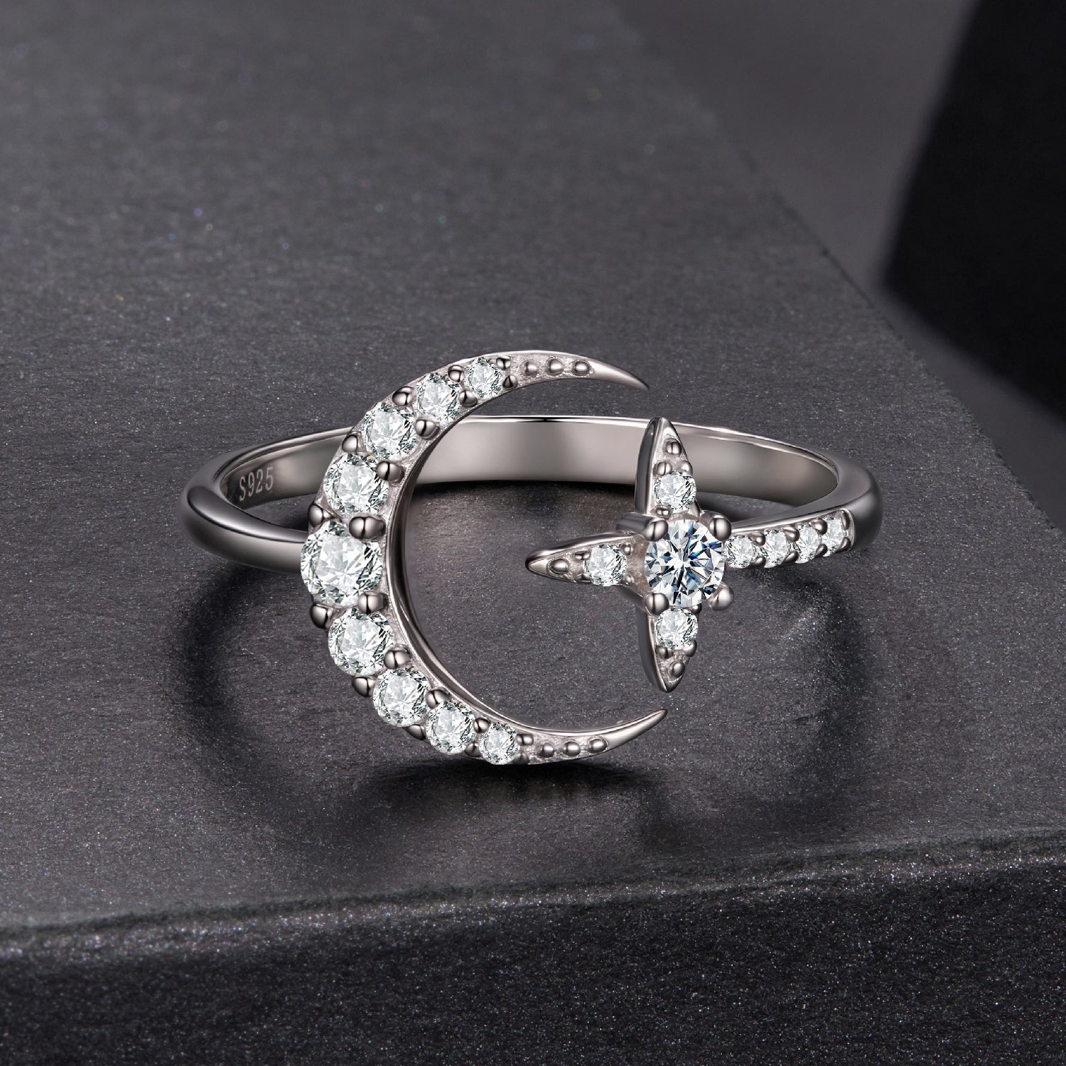 Sterling silver moissanite crescent ring set with pavé stones, white gold plated, size E on Tampa Home & Garden Store