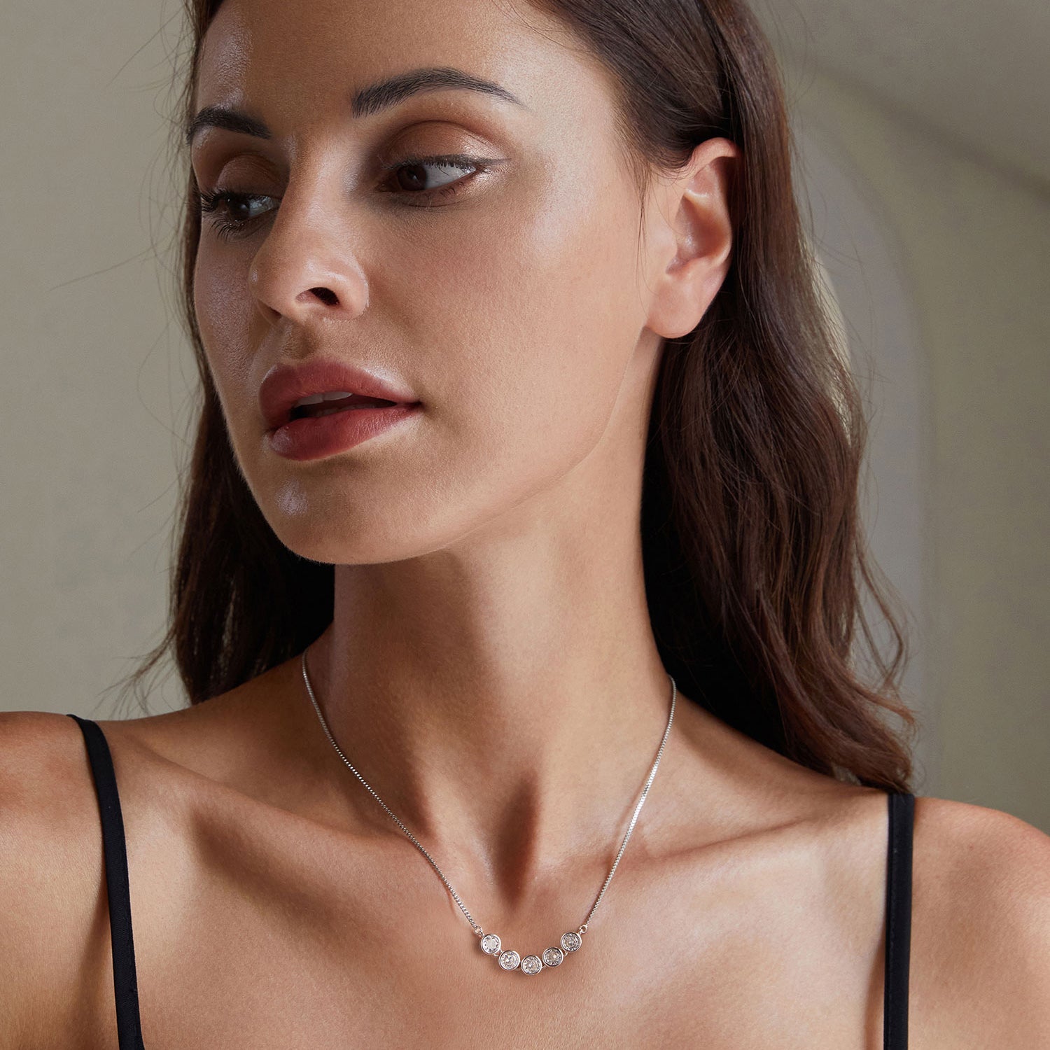 Sterling 925 Silver 4mm Moissanite Necklace, plated platinum, seven round stones on a thin chain on Tampa Home & Garden Store