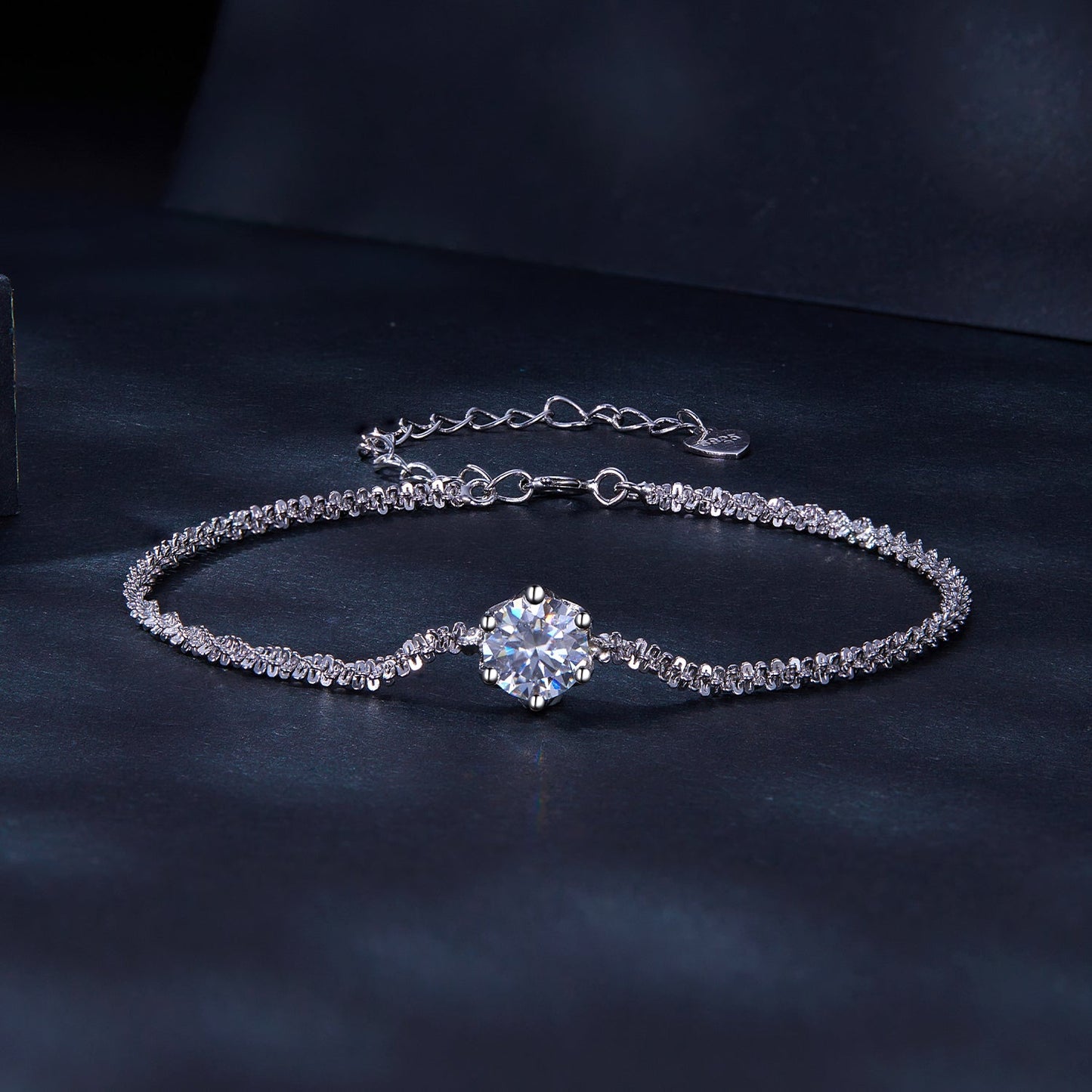 925 Sterling Silver moissanite bracelet with 1ct center stone and heart charm, adjustable chain on Tampa Home & Garden Store