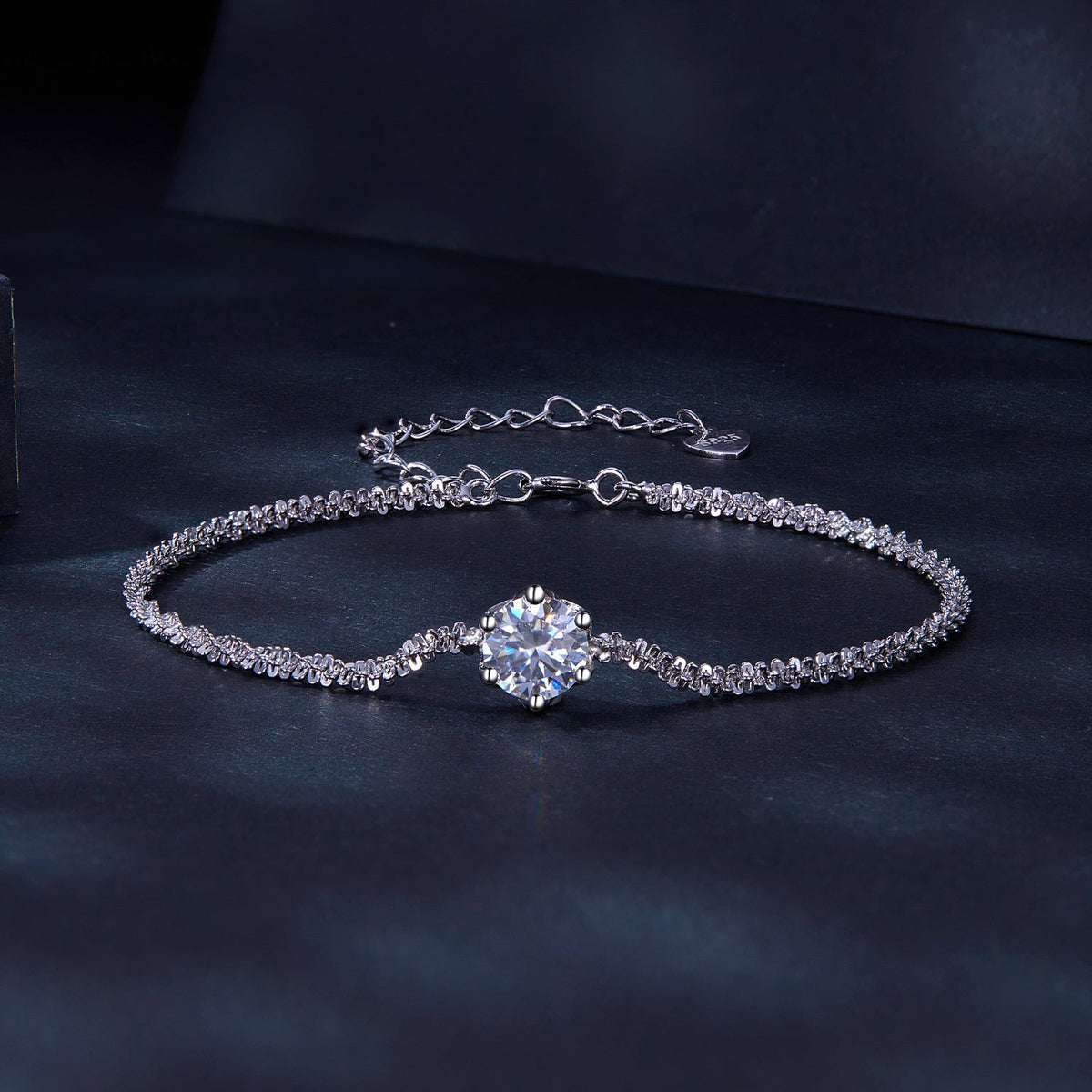 925 Sterling Silver moissanite bracelet with 1ct center stone and heart charm, adjustable chain on Tampa Home & Garden Store