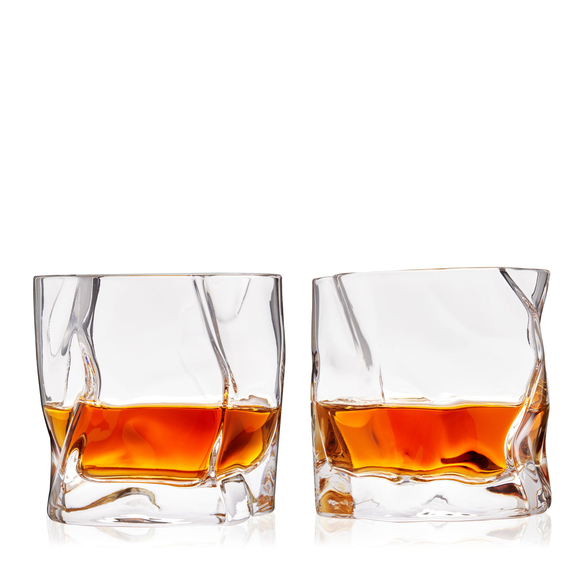 Molten Tumblers Viski stemless cocktail glasses with crystal facets and orange liquid, set of 2 on Tampa Home & Garden Store