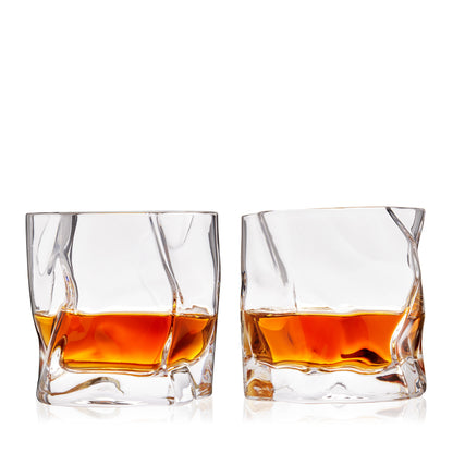 Molten Tumblers Viski stemless cocktail glasses with crystal facets and orange liquid, set of 2 on Tampa Home & Garden Store