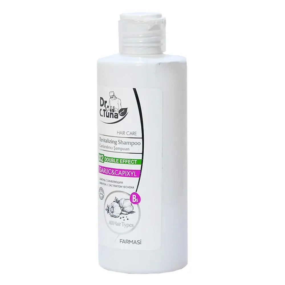 Dr C Tuna Vitalizing Garlic & Capixyl Shampoo 225 ml white bottle all hair types on Tampa Home & Garden Store