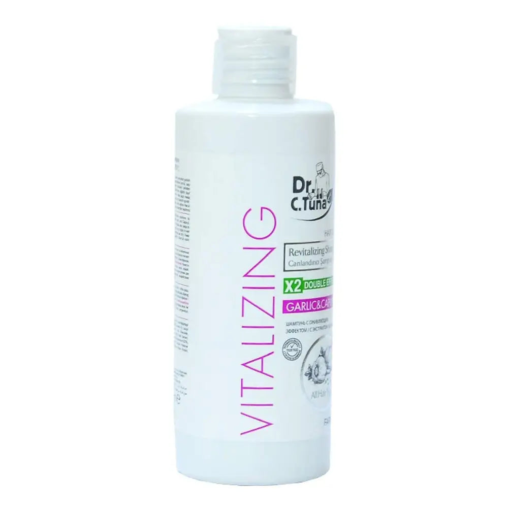 Dr C Tuna Vitalizing Garlic & Capixyl Shampoo bottle white plastic pink VITALIZING label 225 ml on Tampa Home & Garden Store