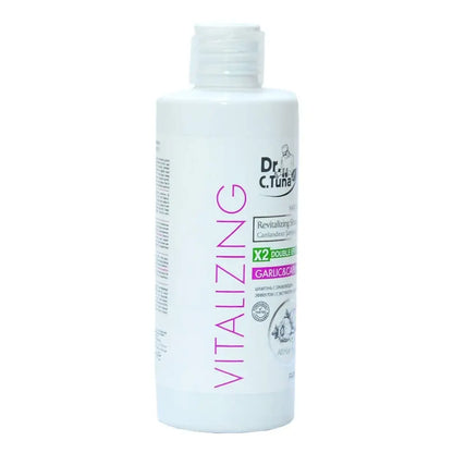 Dr C Tuna Vitalizing Garlic & Capixyl Shampoo bottle white plastic pink VITALIZING label 225 ml on Tampa Home & Garden Store