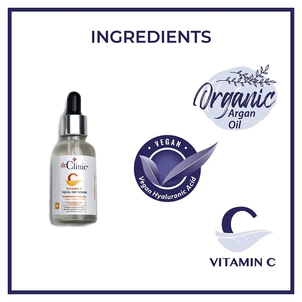 Dr.Clinic Vitamin C Facial Day Serum bottle with dropper, argan oil and vegan hyaluronic acid on Tampa Home & Garden Store