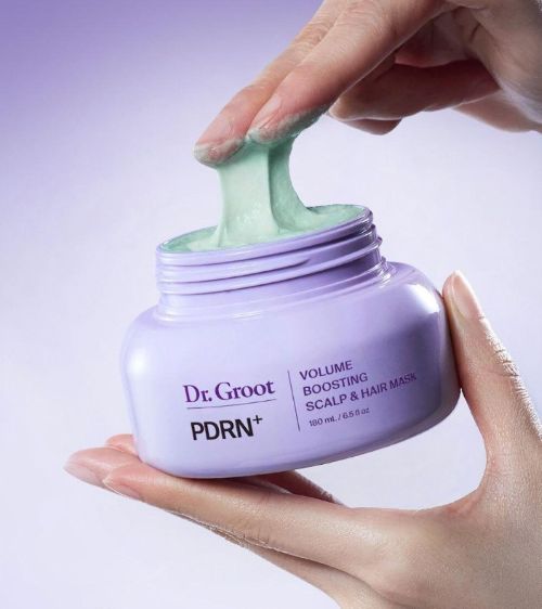 Dr.Groot PDRN+ Volume Boosting Hair Mask jar with mint-green mask scooped, 180ml on Tampa Home & Garden Store