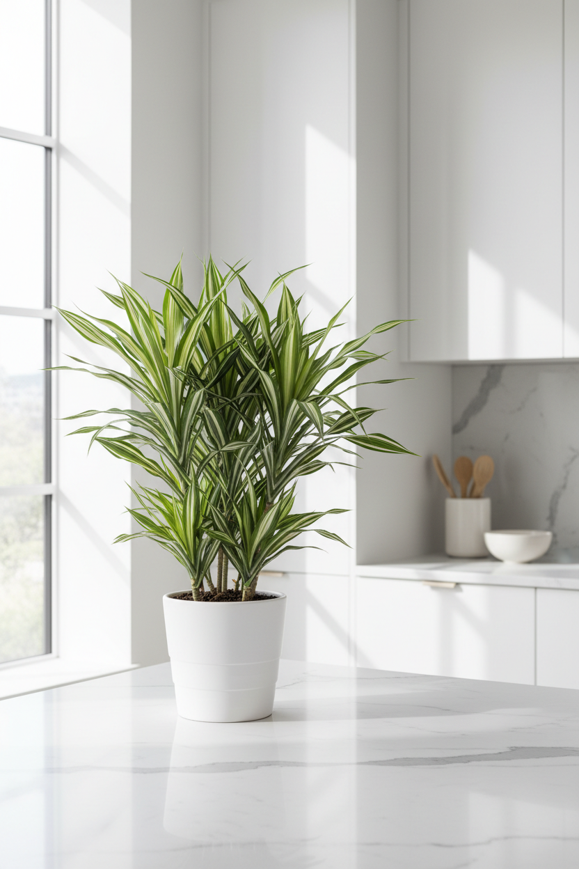 Dracaena Warneckii White Jewel indoor potted houseplant in ceramic pot on kitchen island on Tampa Home & Garden Store