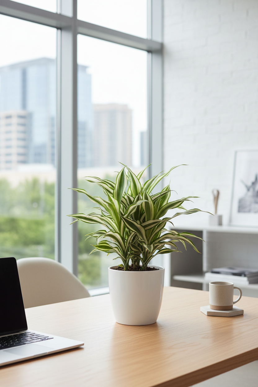 Dracaena Warneckii White Jewel indoor plant in white ceramic pot on light wooden desk on Tampa Home & Garden Store