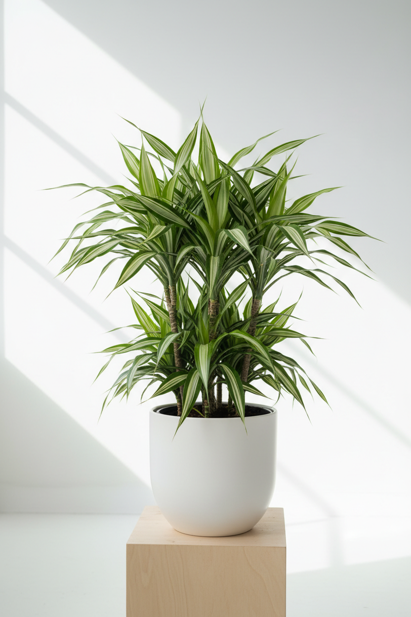 Dracaena Warneckii White Jewel indoor plant in white ceramic pot with green cream striped leaves on Tampa Home & Garden Store