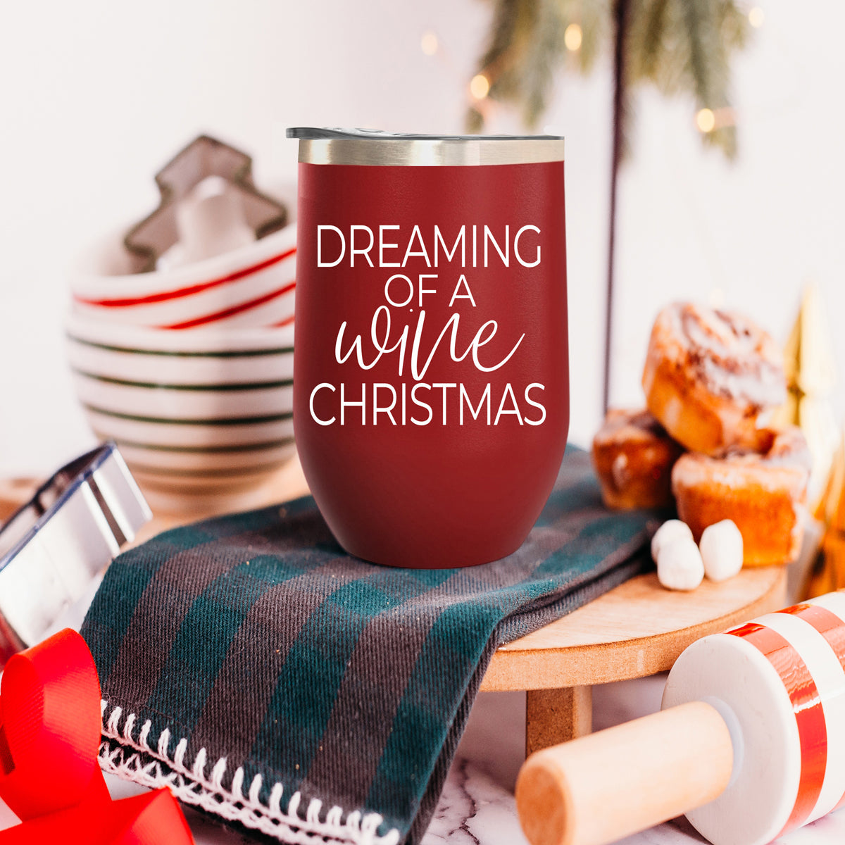 Dreaming of 17oz tumbler Gia Roma red with silver rim and white script text on Tampa Home & Garden Store