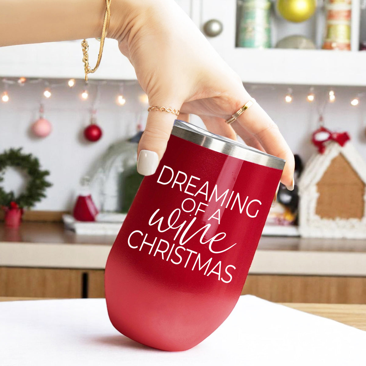 Gia Roma 17oz red stainless tumbler with Dreaming of a White Christmas text on Tampa Home & Garden Store