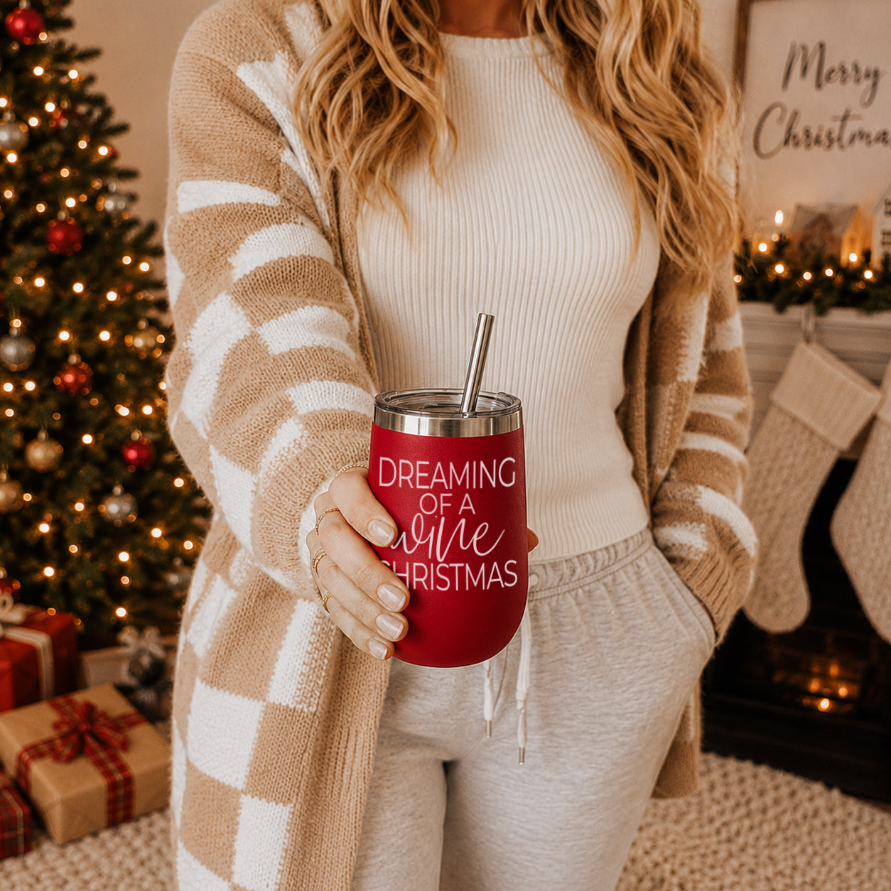Tumbler Gia Roma 17oz red with stainless lid and straw featuring Dreaming of a White Christmas on Tampa Home & Garden Store