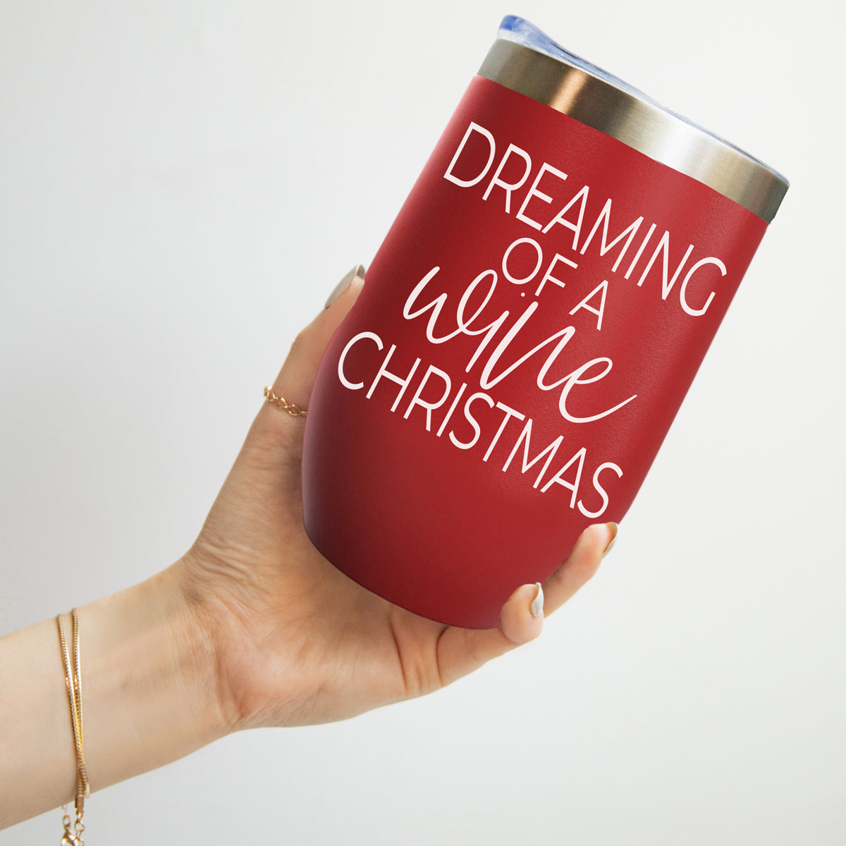 Gia Roma 17oz red stainless steel tumbler with white script Dreaming of a White Christmas on Tampa Home & Garden Store