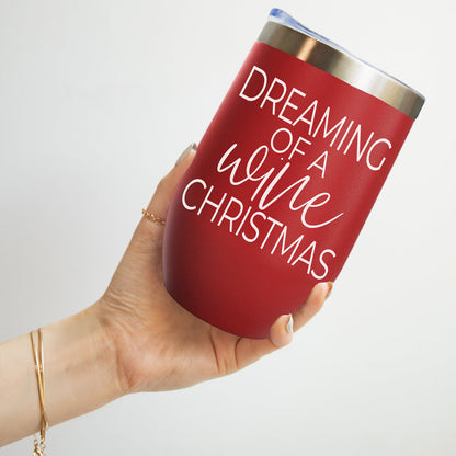 Gia Roma 17oz red stainless steel tumbler with white script Dreaming of a White Christmas on Tampa Home & Garden Store