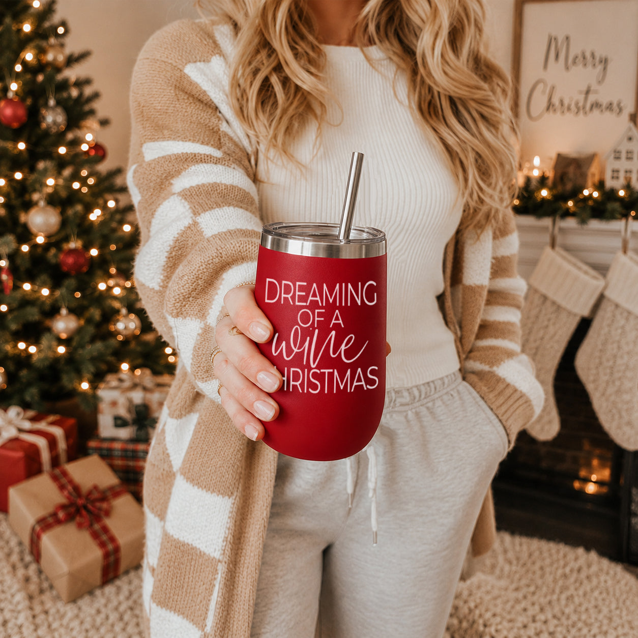 Gia Roma 17oz red tumbler with stainless lid and straw featuring Dreaming of a Wine Christmas on Tampa Home & Garden Store