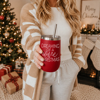 Gia Roma 17oz red tumbler with stainless lid and straw featuring Dreaming of a Wine Christmas on Tampa Home & Garden Store