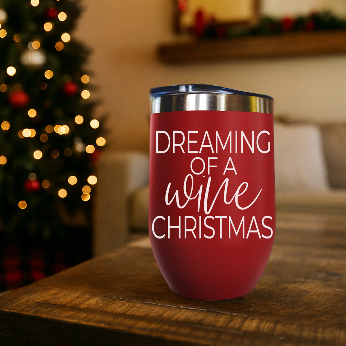 Dreaming of 17oz red tumbler with script Dreaming of a wine Christmas Gia Roma lid on Tampa Home & Garden Store