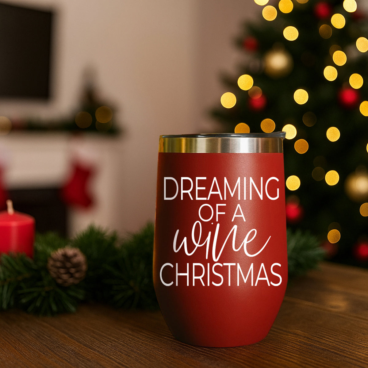 17oz red tumbler with gold rim and white script reading Dreaming of a wine Christmas on Tampa Home & Garden Store