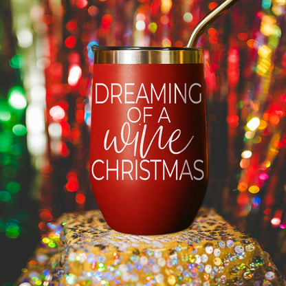 Red 17oz tumbler with gold rim and straw, white script reads Dreaming of a wine Christmas on Tampa Home & Garden Store