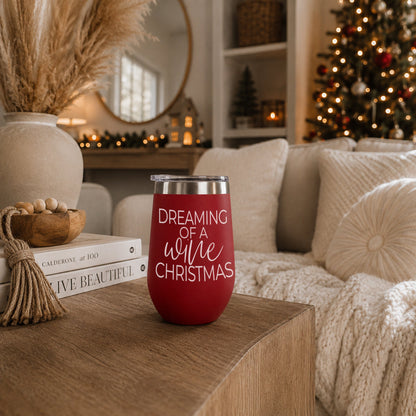 Dreaming of 17oz tumbler by Gia Roma red with white script Dreaming of a White Christmas on Tampa Home & Garden Store