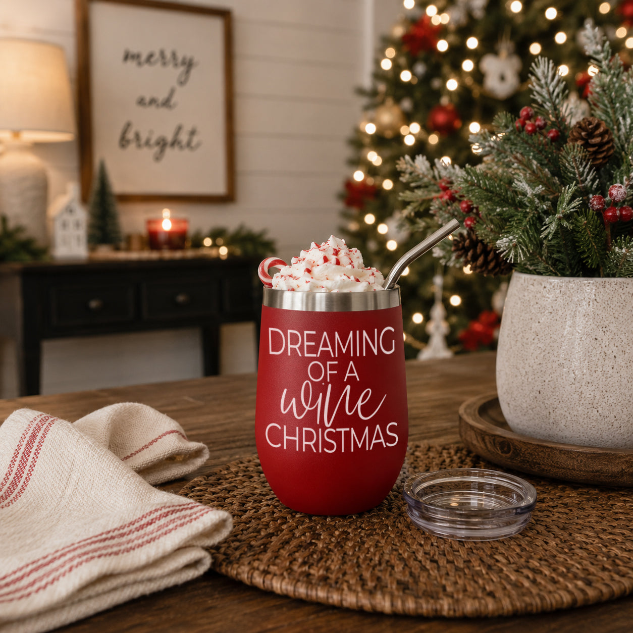 Gia Roma red 17oz tumbler with stainless rim and straw, white script Dreaming of a Wine Christmas on Tampa Home & Garden Store