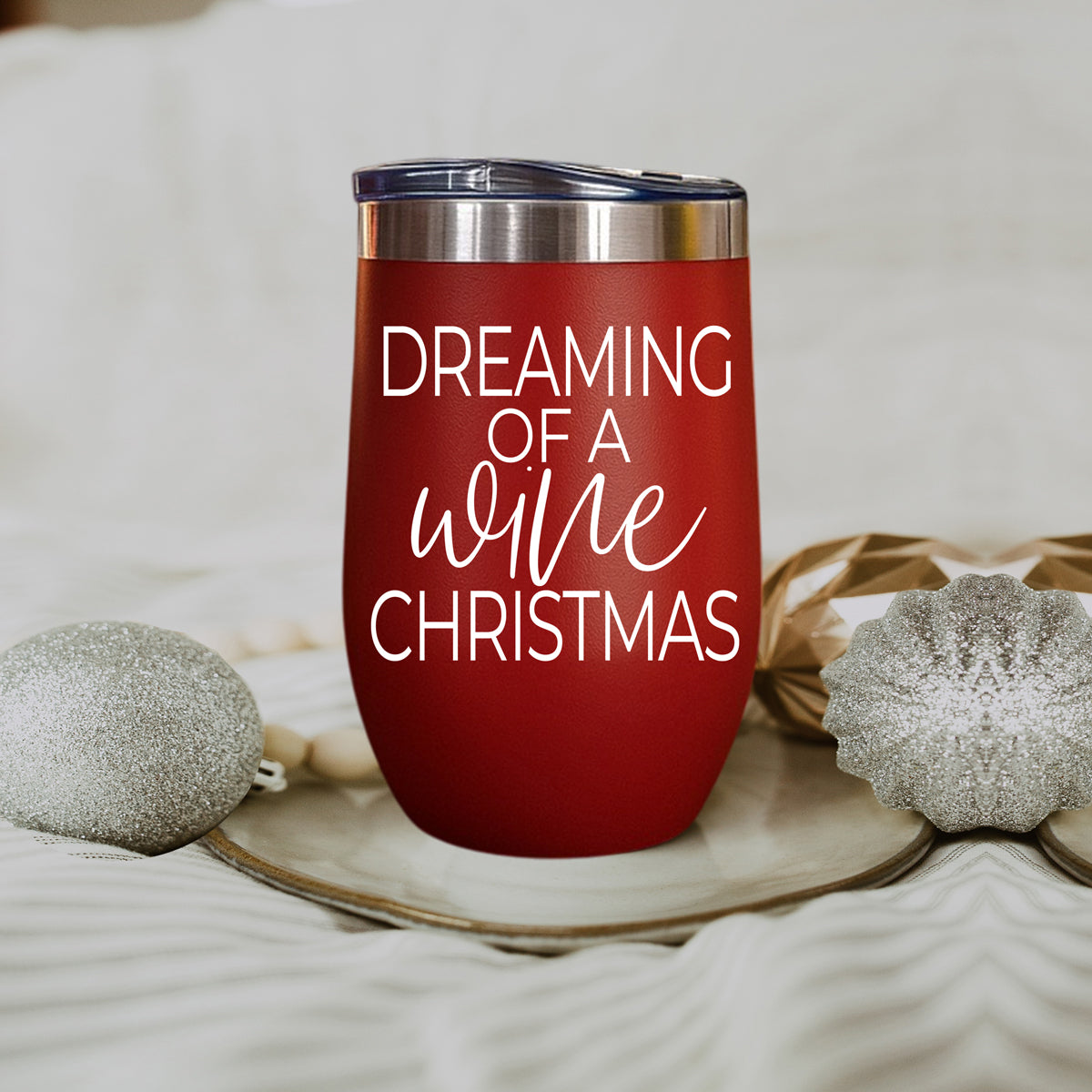 17oz Gia Roma tumbler red with white script reading Dreaming of a wine Christmas on Tampa Home & Garden Store