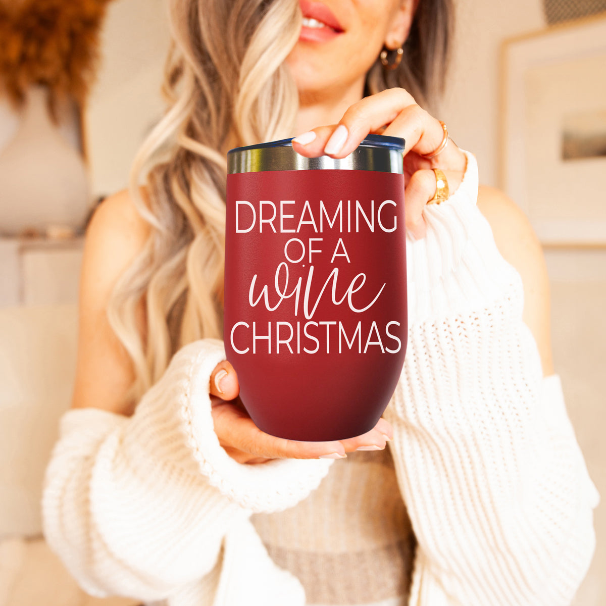 Gia Roma 17oz tumbler burgundy with blue lid featuring Dreaming of a wine Christmas text on Tampa Home & Garden Store